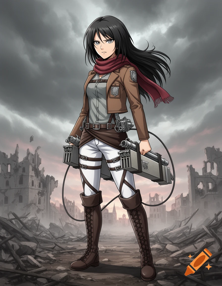 Anime style Mikasa Ackerman in military uniform stands in a destroyed city, holding ODM gear under a cloudy sky.