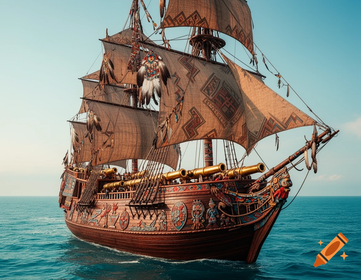 A highly decorated war frigate, featuring intricate indigenous patterns on its sails and wooden hull, sails on a blue ocean.