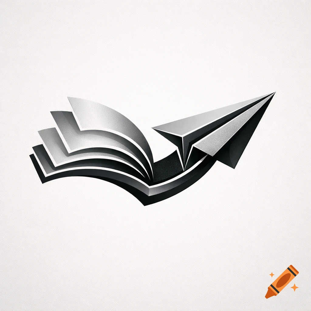 A stylized logo combining an open book with pages flowing into a paper airplane, rendered in grayscale on a textured white background.