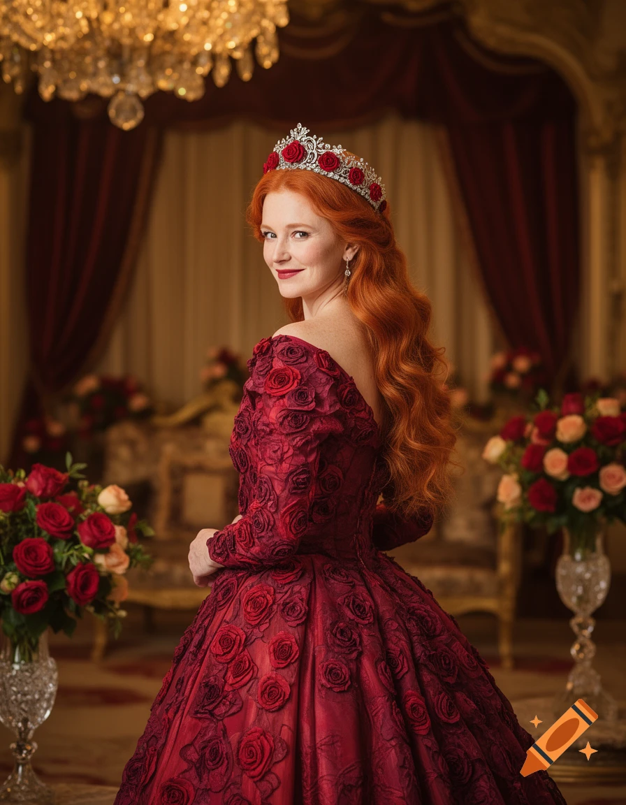 Red-haired woman in an ornate red rose gown and tiara smiles over her shoulder in a grand room with a chandelier.