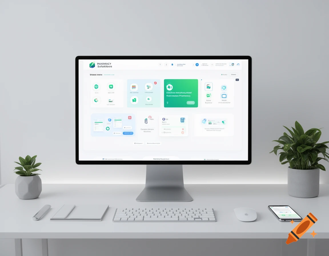 Photorealistic image of a desktop computer displaying a digital solutions UI, with a keyboard, mouse, and smartphone on a white desk, flanked by two small plants.