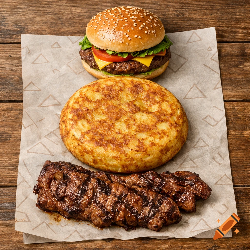 A photorealistic overhead shot of a cheeseburger, Spanish omelette, and grilled steak on parchment paper on a wooden table.