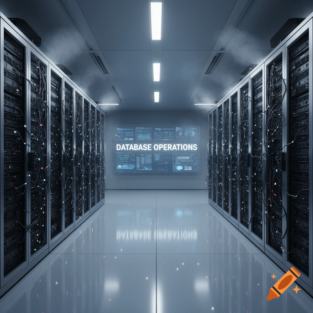 A photorealistic image of a server room with rows of server racks, glowing screens displaying 'DATABASE OPERATIONS', and cool mist.