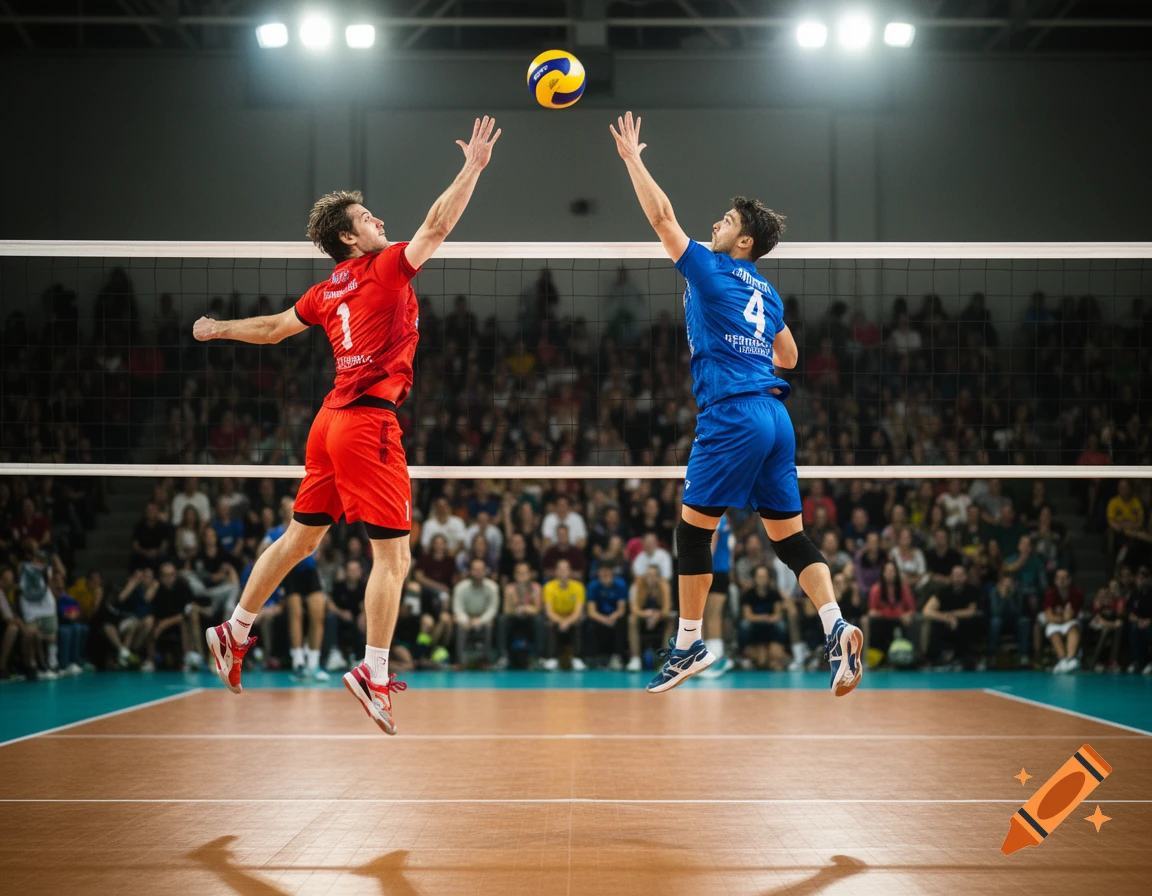Two male volleyball players, one in red and one in blue, jump to hit a volleyball over the net on an indoor court.