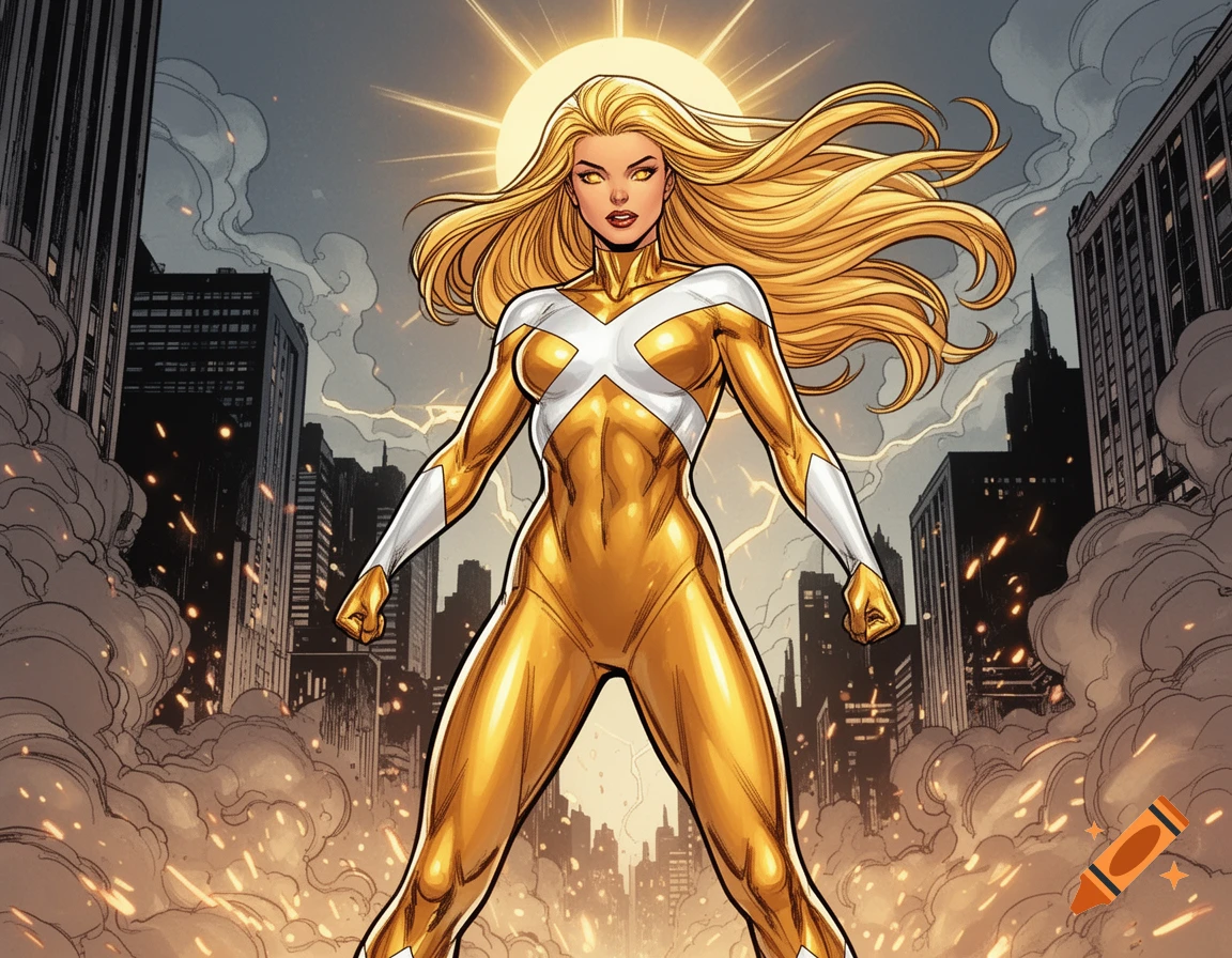 A golden-haired female superhero in a glossy gold and white bodysuit ...