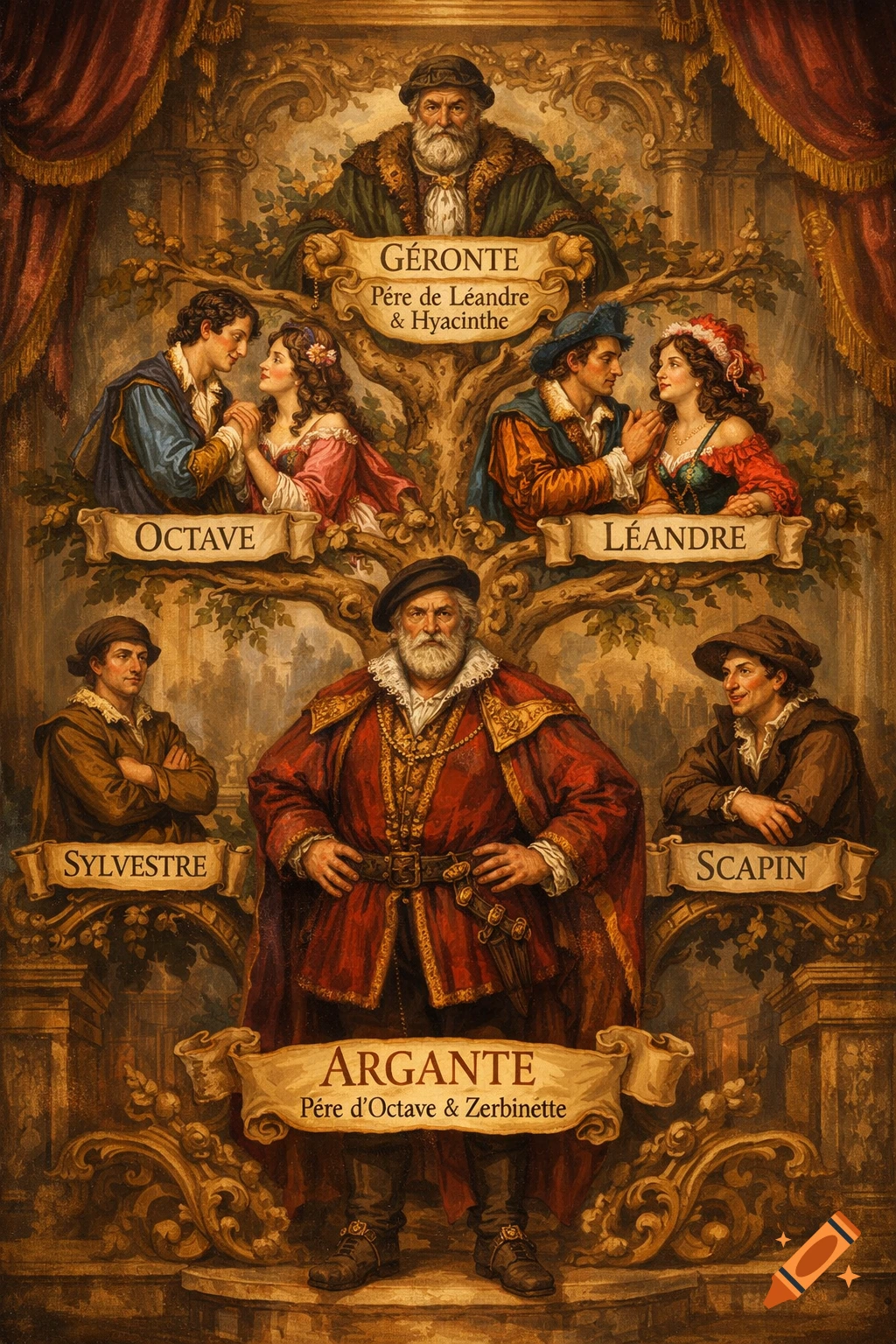 A classical painting style illustration depicting characters from Moli ère's "Les Fourberies de Scapin" in a family tree format, with names and relationships on banners.