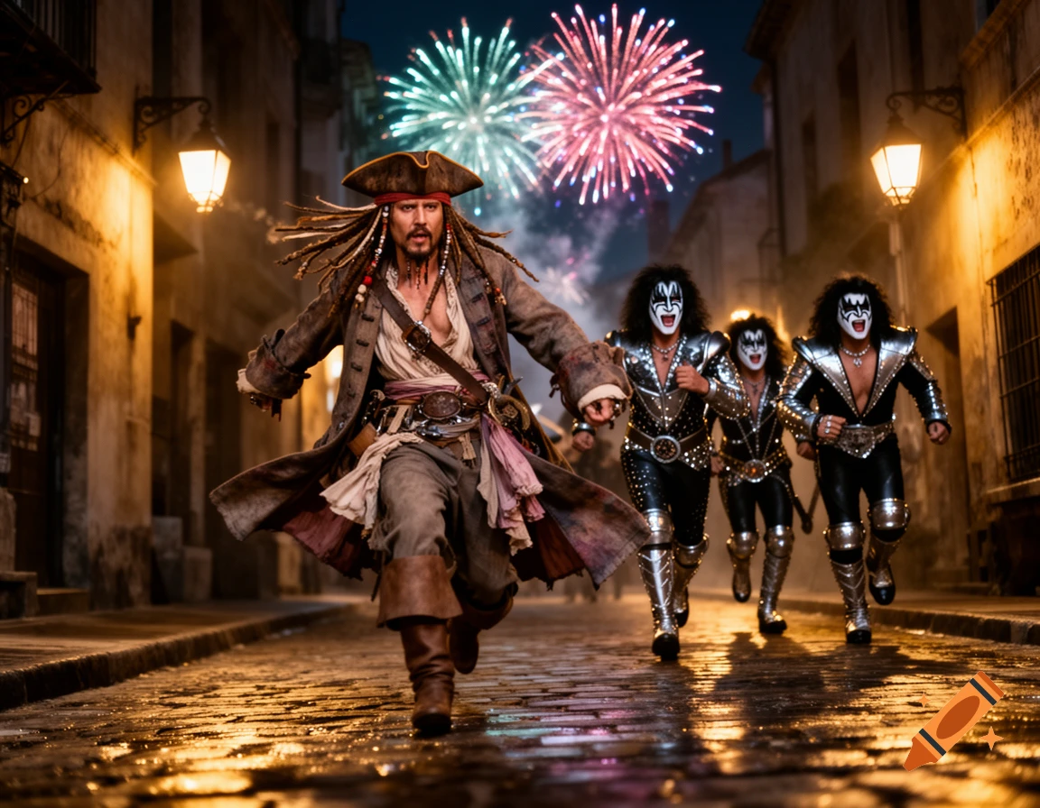 Jack Sparrow runs down a cobblestone street at night, pursued by three members of the band KISS, under fireworks.