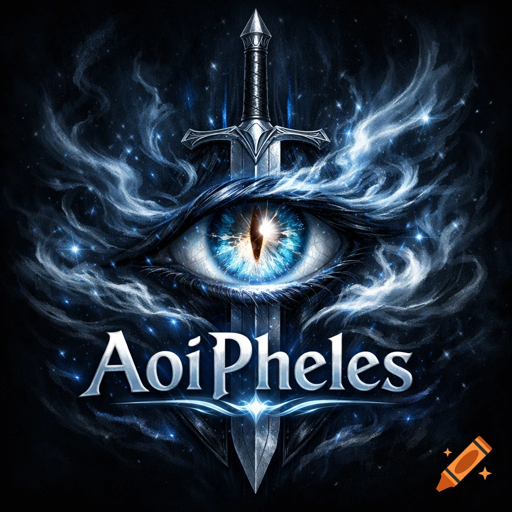 A mystical fantasy logo with a glowing blue eye, a silver sword, swirling blue mist, and stars, with 'AoiPheles' text.