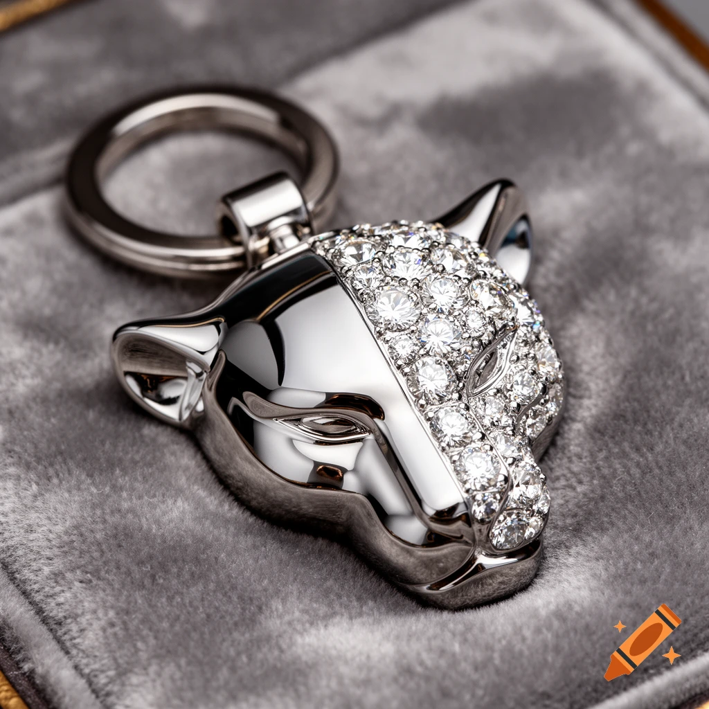 A shiny silver jaguar head keychain, one half covered in diamonds, resting on a gray velvet surface.