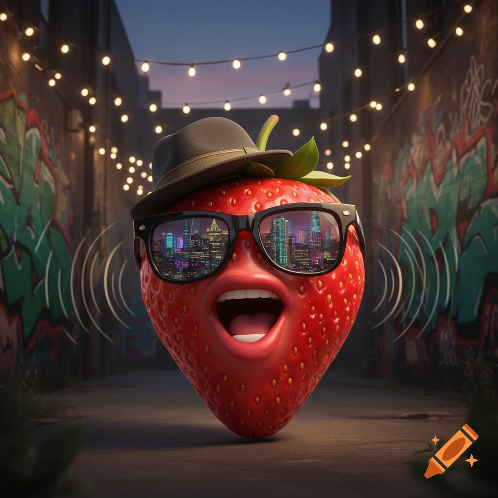 A 3D anthropomorphic strawberry in a fedora and sunglasses, mouth open rapping, in a graffiti-covered alley at night.
