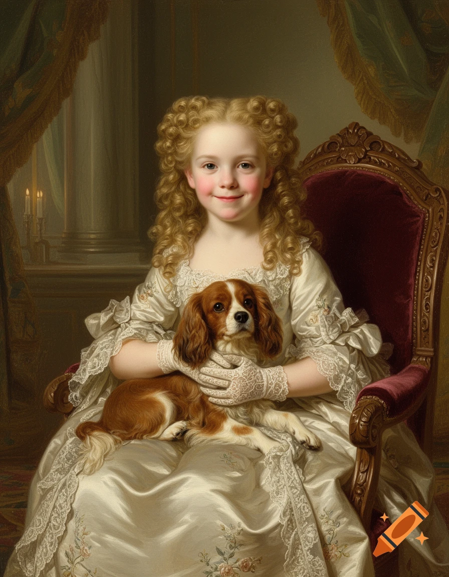18th-century portrait painting of a child with blonde curls, wearing a formal dress, seated and holding a spaniel dog.