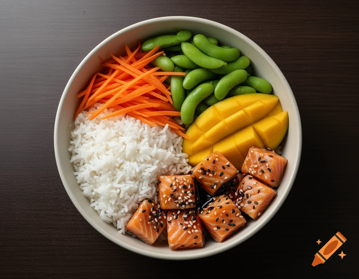 Top-down view of a colorful bowl meal with rice, shredded carrots, edamame, sliced mango, and sesame-crusted salmon.