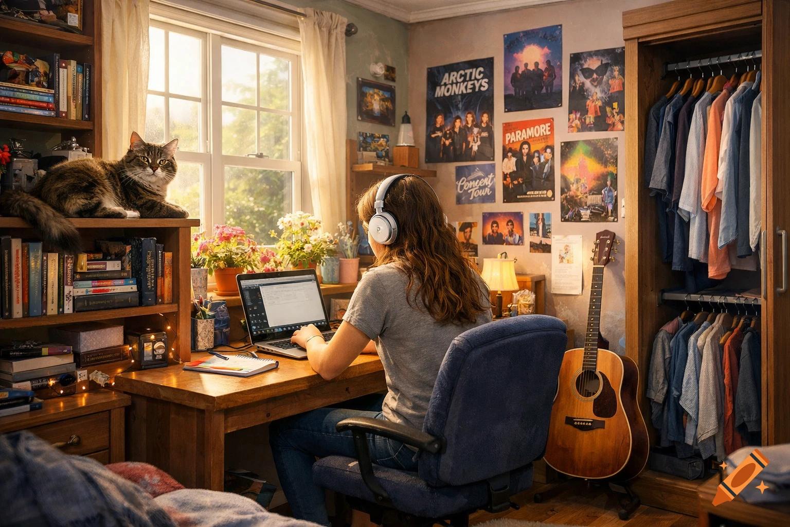 A teen girl with headphones studies at a desk in her sunlit bedroom, a cat rests on a bookshelf beside her. Band posters adorn the wall next to a guitar and open closet.