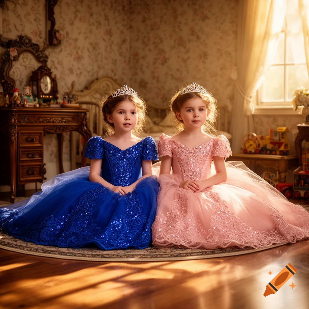 Two young girls in sequined blue and pink princess dresses with tiaras sit on a rug in a sunlit room.