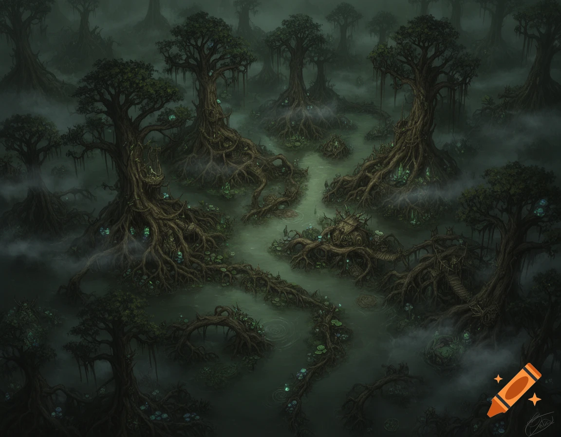 A dark, misty fantasy swamp map featuring gnarled mangrove trees with roots forming structures over murky green water.