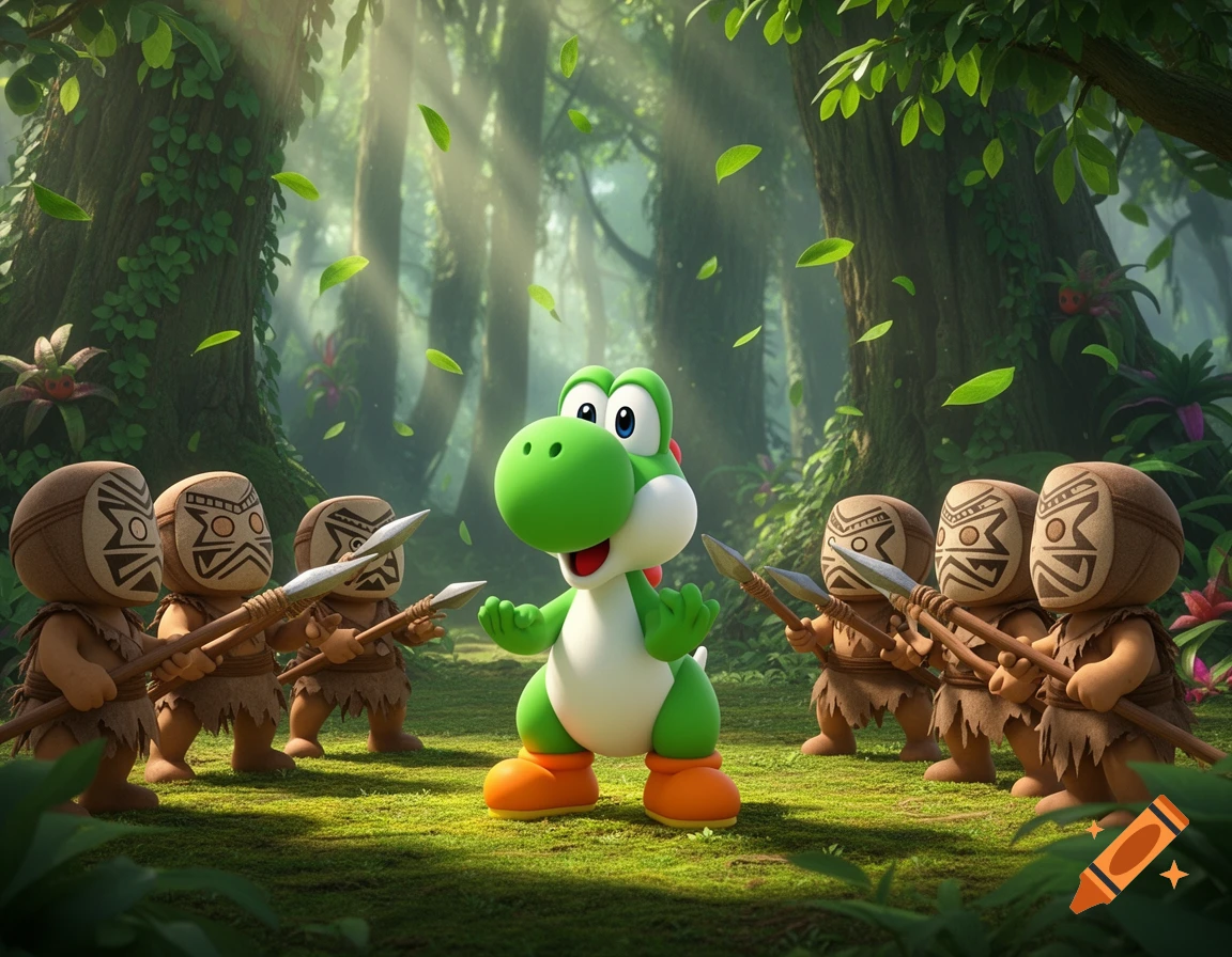 A cute green Yoshi looks startled while surrounded by tribal figures holding spears in a lush 3D CGI forest.