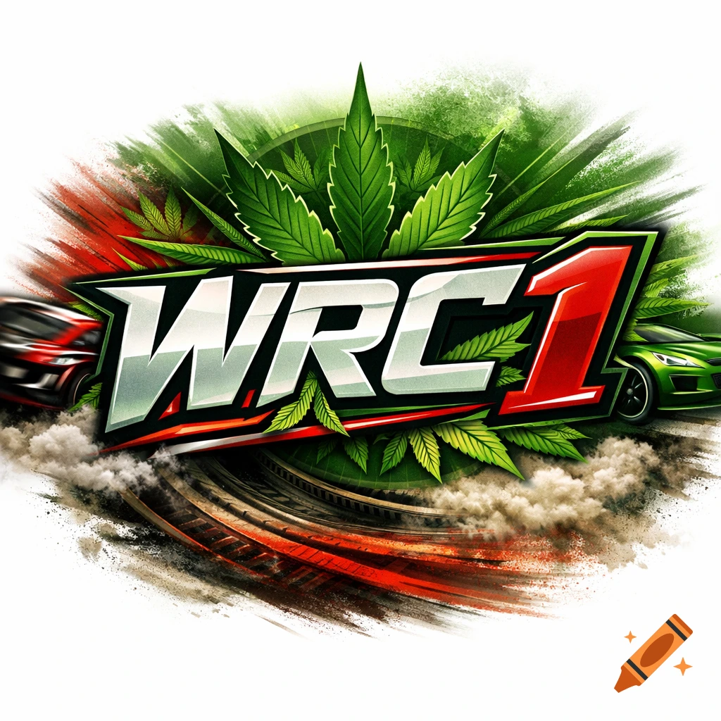 A bold 'WRC1' logo featuring cannabis leaves, a red race car, and a green race car with tire tracks and motion blur.