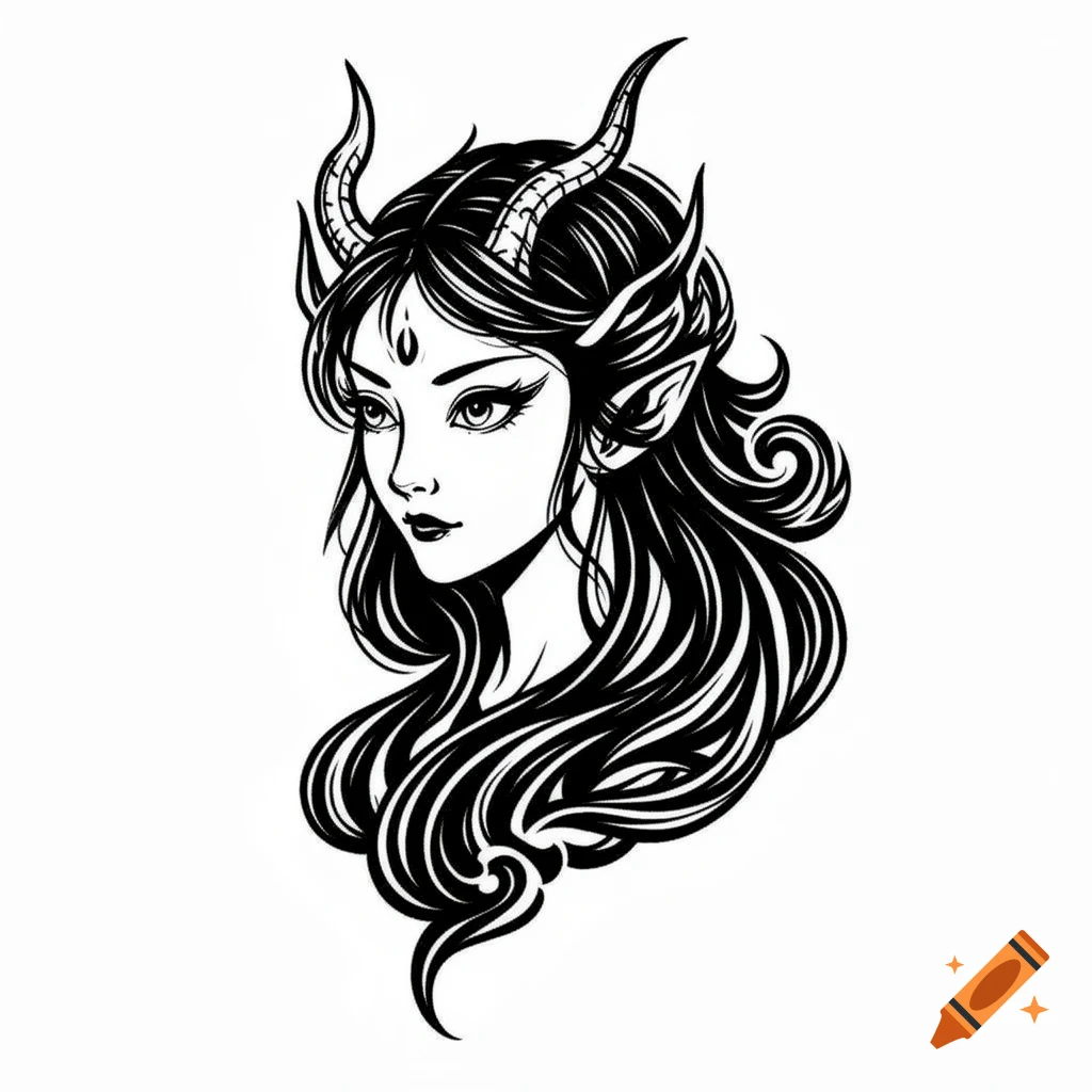 Black and white tattoo stencil of a demon girl with long flowing hair, horns, and pointed ears looking to the left.