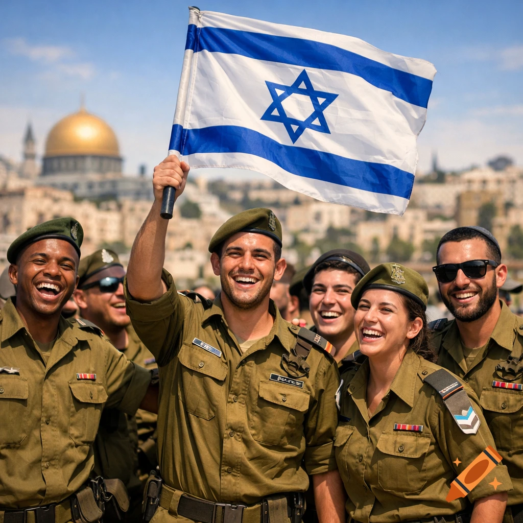 Smiling Israeli soldiers in uniform hold the Israeli flag aloft, with the Dome of the Rock visible in the background under a blue sky.