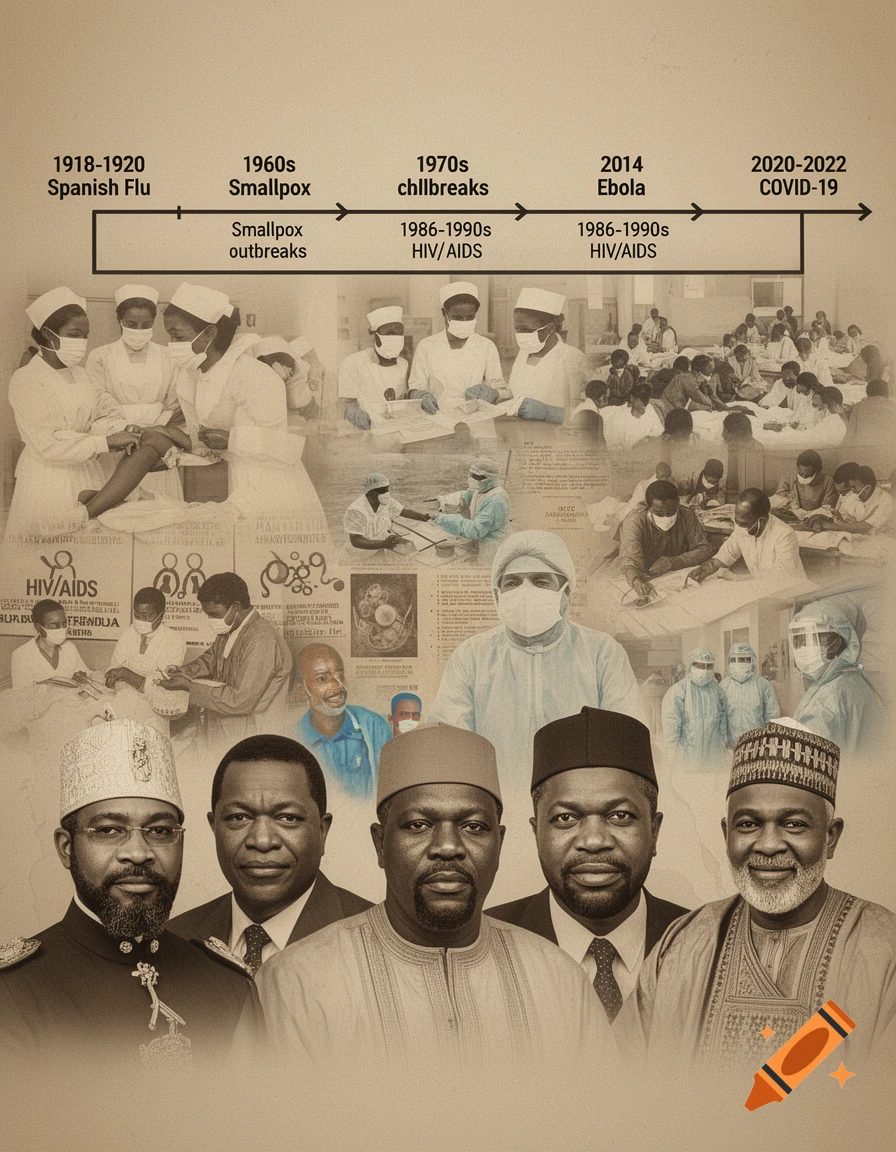 A sepia-toned collage showing a timeline of pandemics and epidemics in Nigeria with medical staff, scenes of patient care, and portraits of Nigerian leaders.