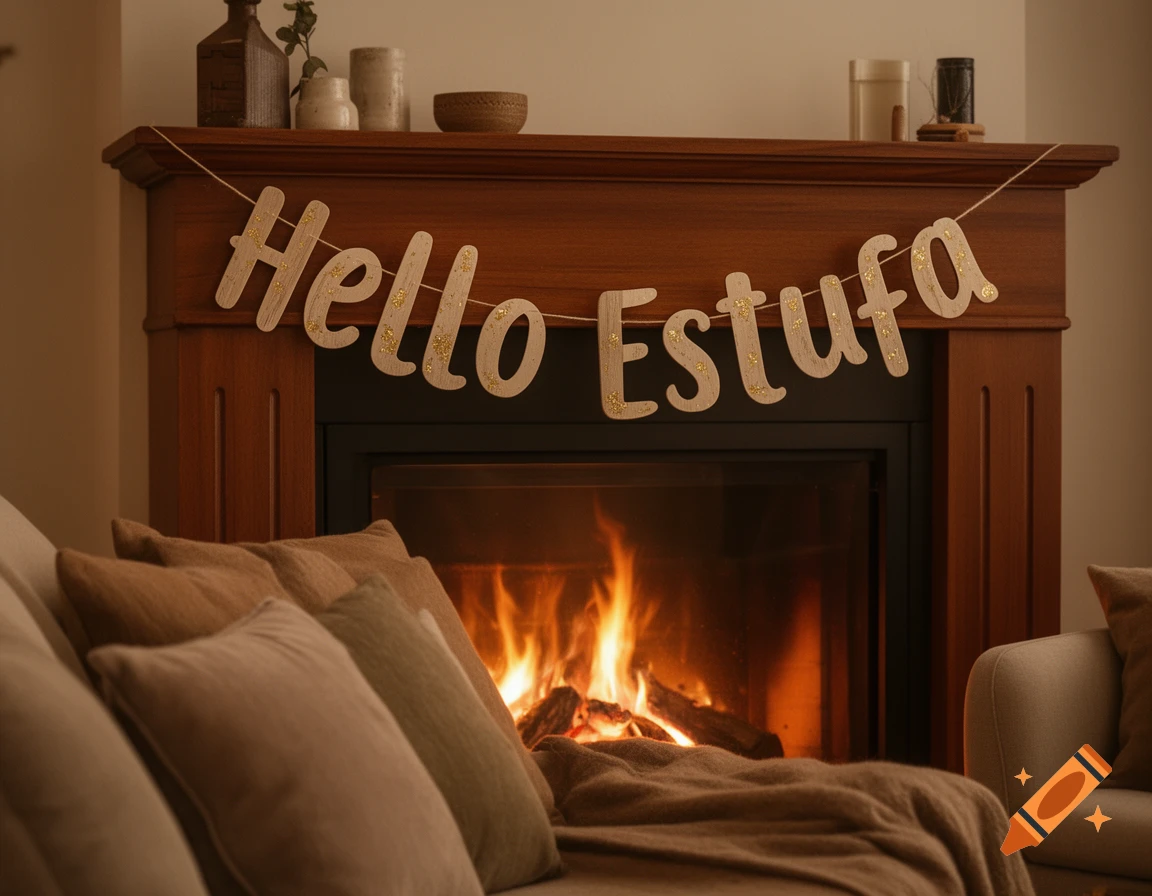 A cozy living room with a lit fireplace, a banner reading "Hello Estufa" on the mantel, and a sofa with pillows and a blanket.