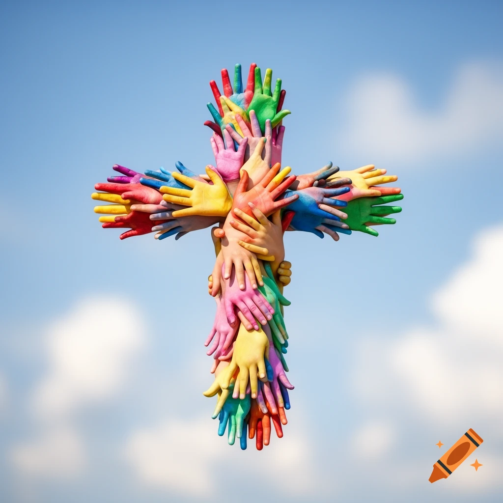 A colorful cross composed of many painted hands reaching up against a bright blue sky with soft clouds.