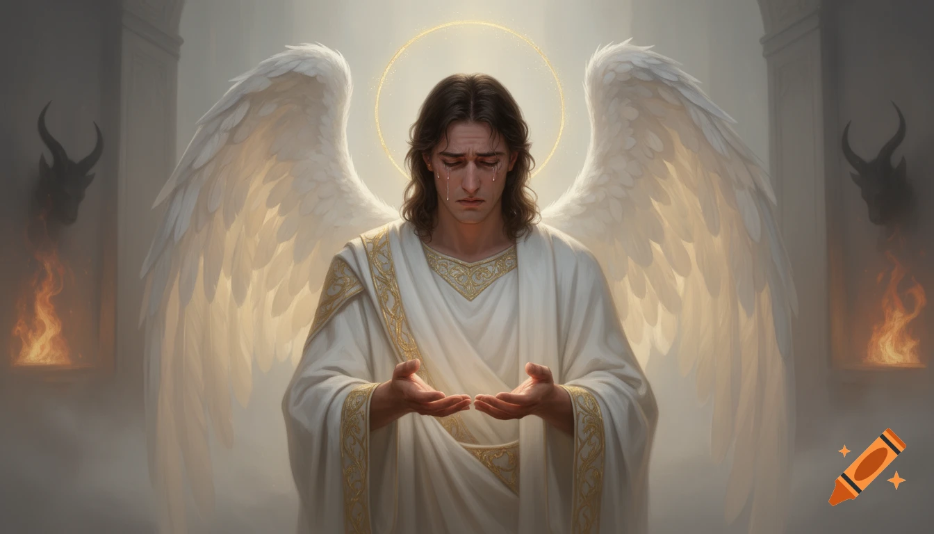 A cinematic image of a sad angel with white wings and a golden halo, crying as he looks at his hands, with misty shadows of horns and fire in the background.