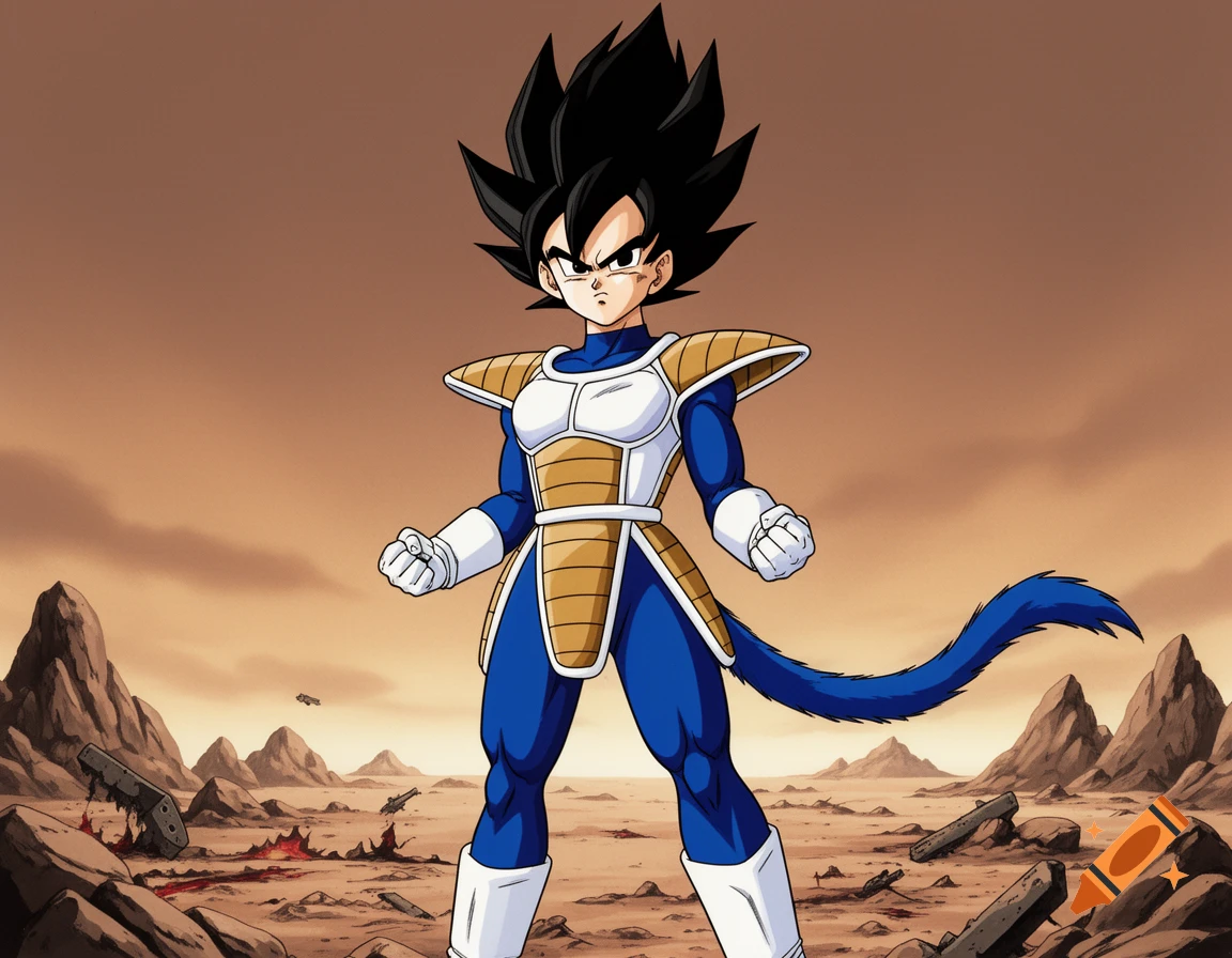 A female Saiyan character in blue and gold armor stands in a desolate, rocky landscape under a brown sky, in an anime style.