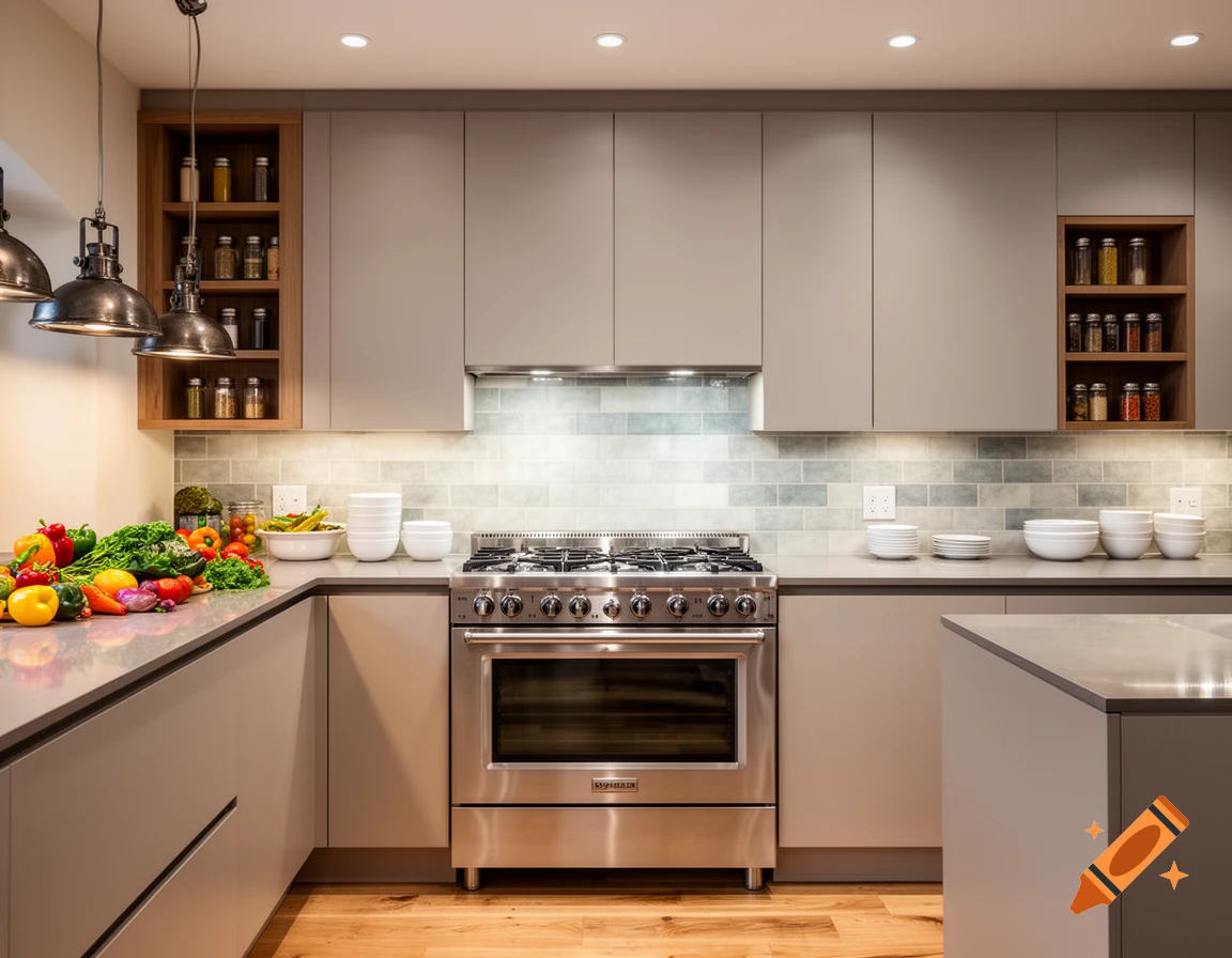 A modern, bright kitchen with light gray cabinets, a stainless steel gas range oven, fresh vegetables on the counter, and open spice shelves.