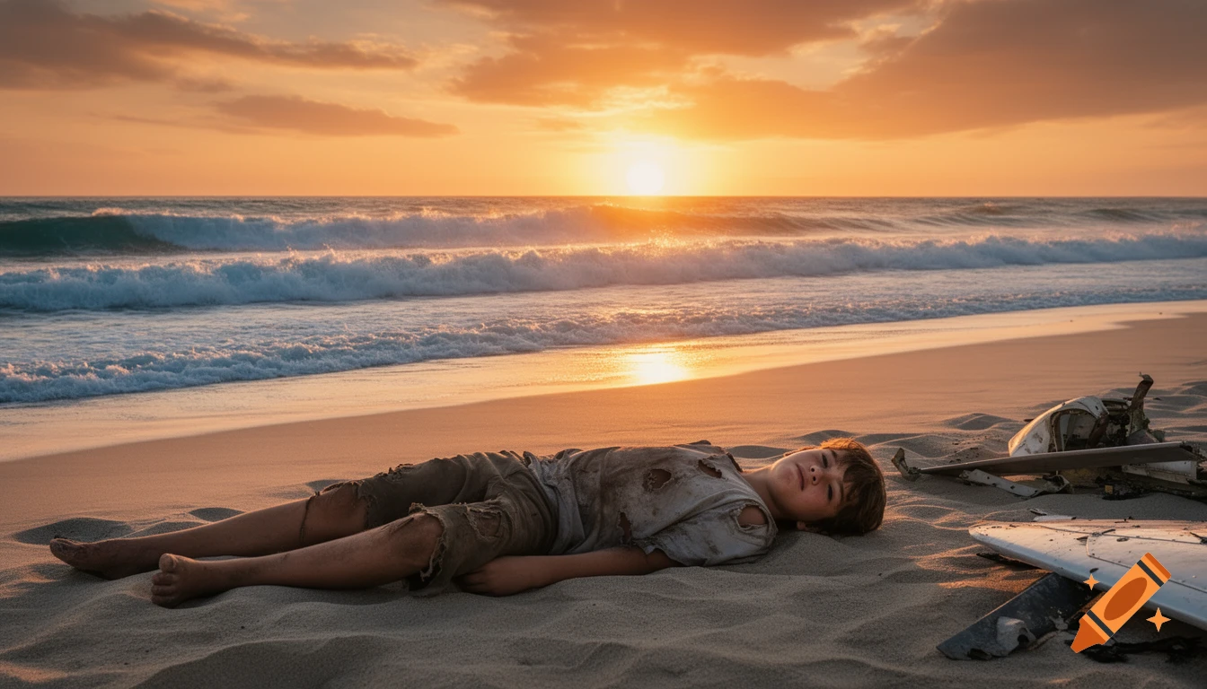 A boy in torn clothes lies on a sandy beach next to plane debris at cinematic sunrise, with ocean waves crashing.