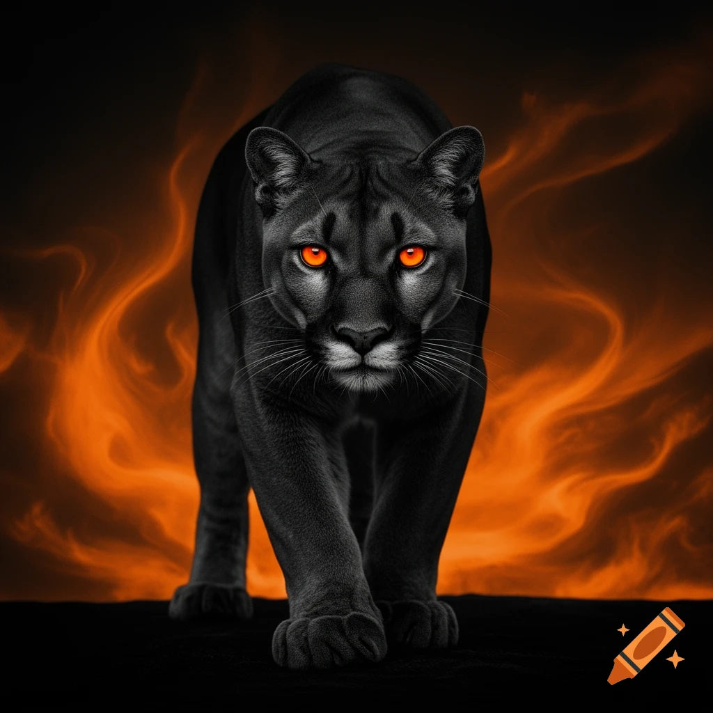 A striking black puma with piercing orange eyes walks towards the viewer, against a fiery orange and black background.
