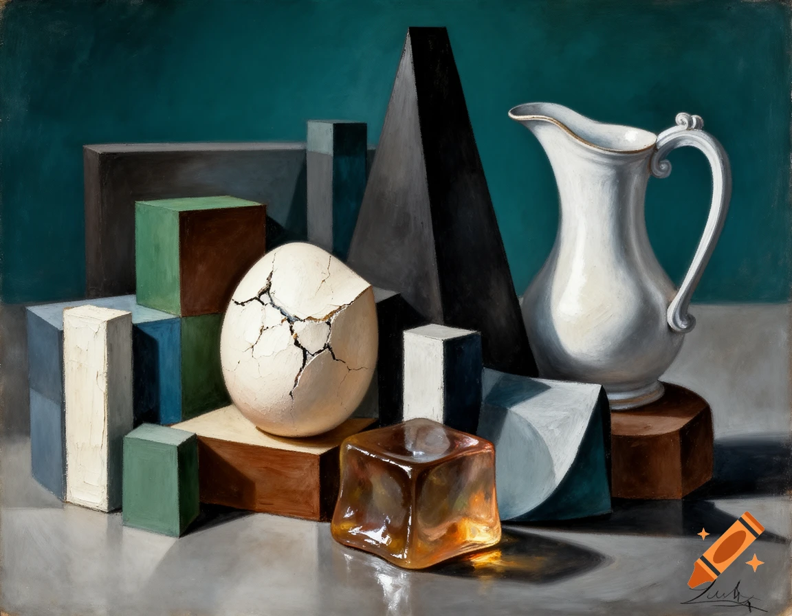 Cubist still life painting with a cracked egg, a white pitcher, various geometric blocks, and a glowing amber cube, in muted tones.