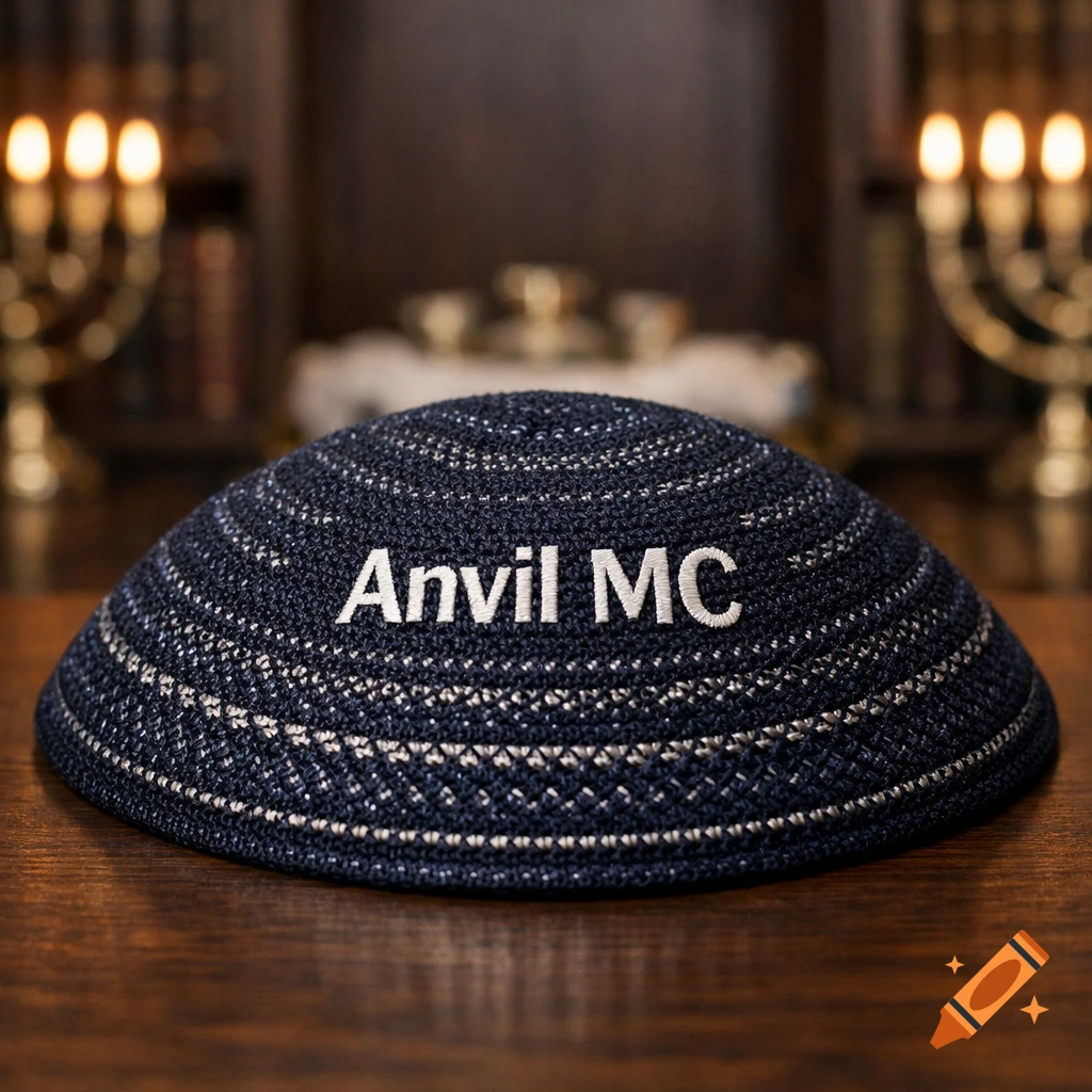 A dark blue knitted kippah with 'Anvil MC' embroidered in white, rests on a wooden table with blurred menorahs and bookshelves behind it.