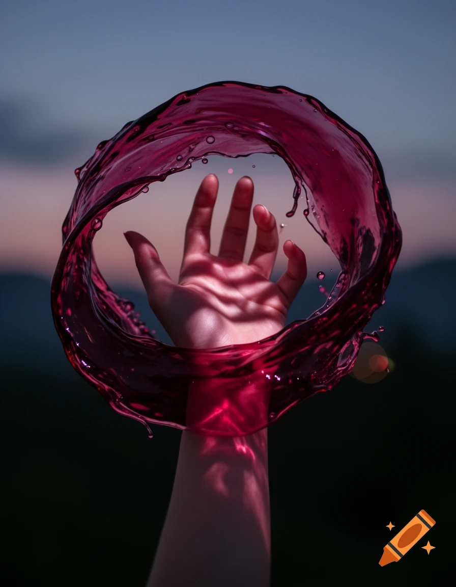 A hand reaching upwards, encircled by a dynamic splash of rich burgundy liquid, set against a blurred dusk sky.