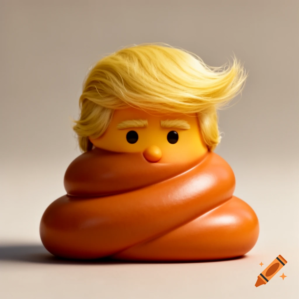A 3D cartoon poop emoji character with styled blonde hair resembling Donald Trump's, on a neutral background.
