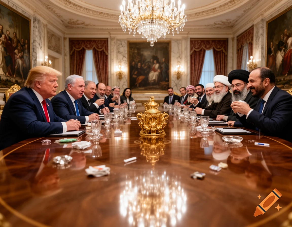Donald Trump, Benjamin Netanyahu, and other world and religious leaders seated at a lavish meeting table in an opulent room.