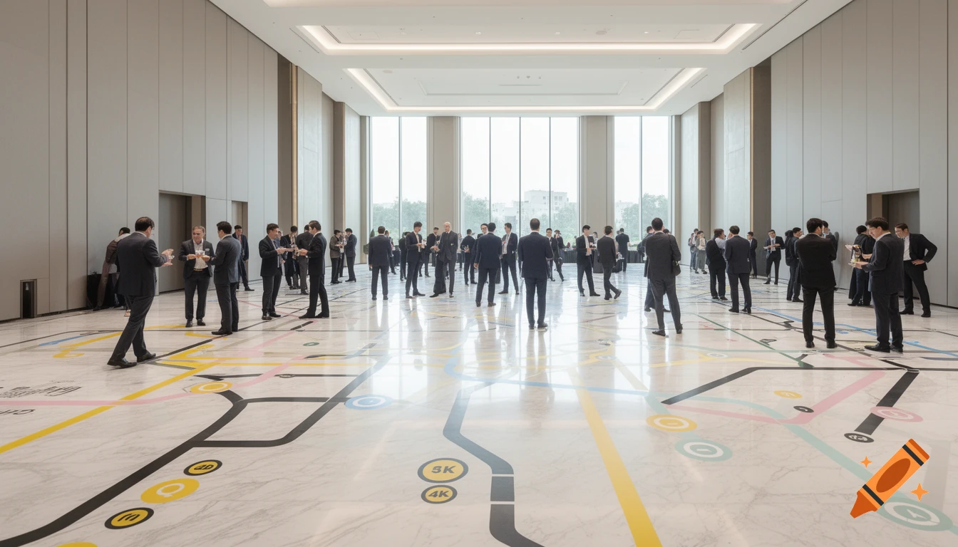A large modern event hall with a polished marble floor featuring colorful subway map-inspired vinyl graphics. Business professionals in suits gather, some walking along the lines, under high ceilings with soft natural light.