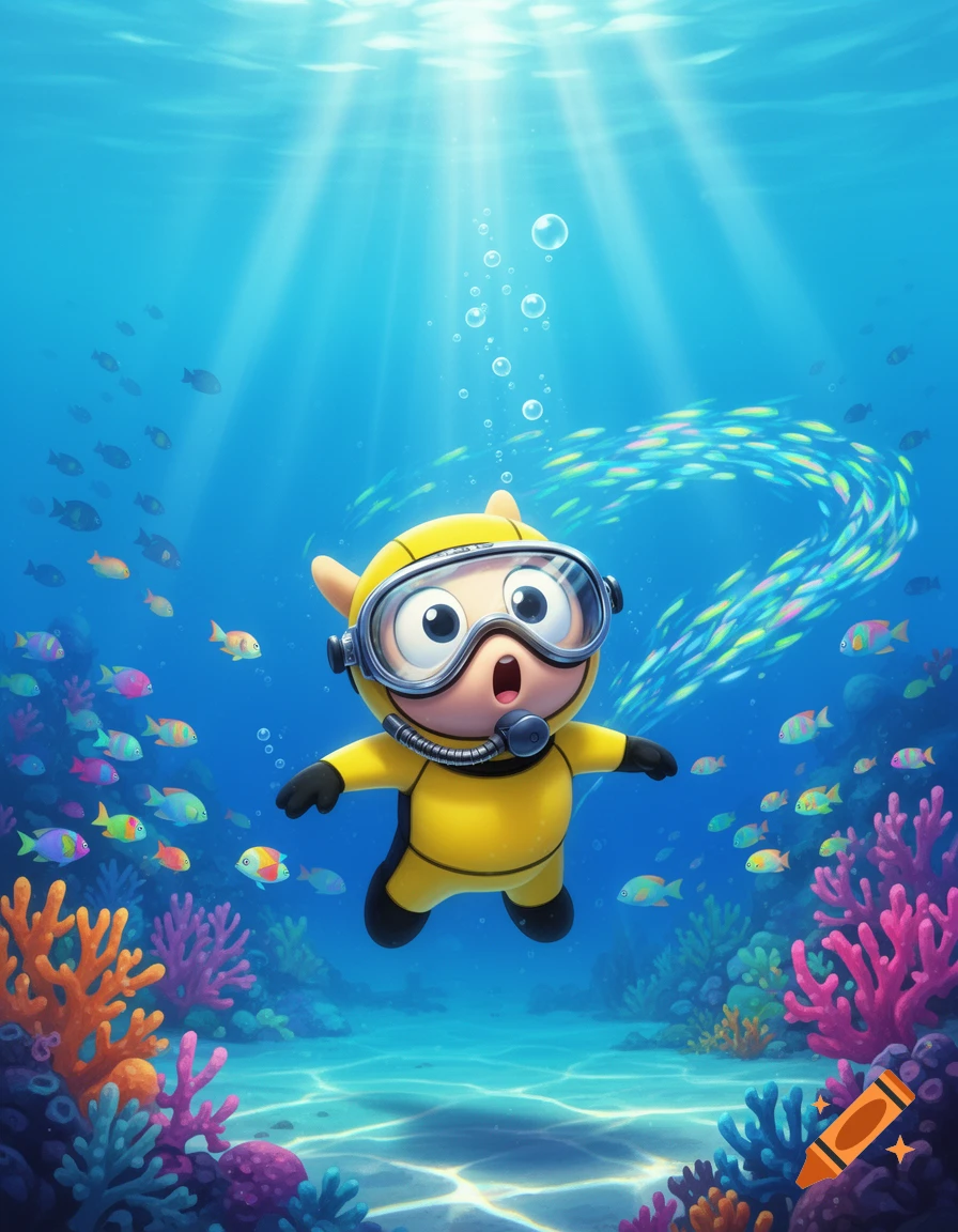 A vibrant cartoon character in a yellow wetsuit and snorkel mask scuba dives amidst colorful coral and fish in a bright underwater scene.
