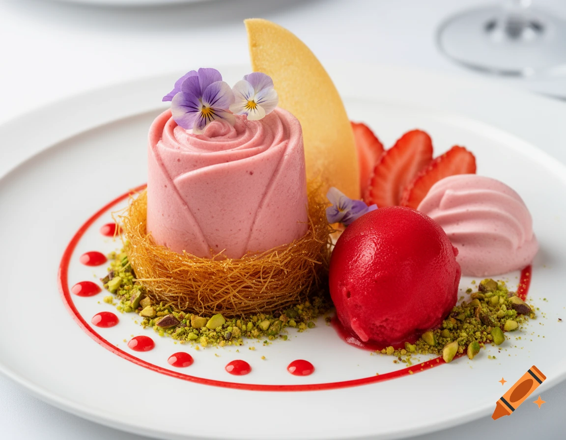 Elegant plated dessert with a pink rose panna cotta, red strawberry sorbet, sliced strawberries, and edible flowers.