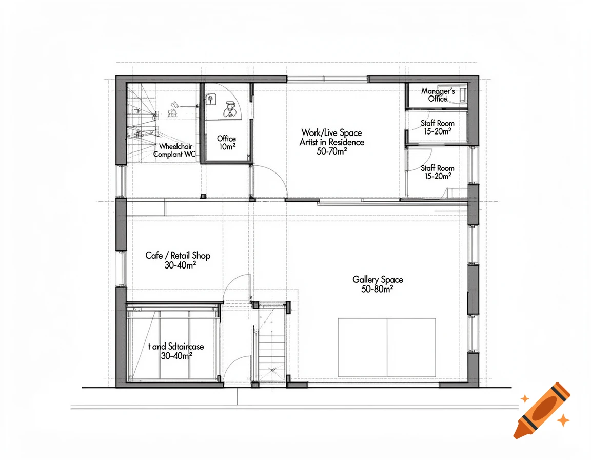 A 2D architectural floor plan diagram for a two-story building, showing spaces like a cafe, gallery, artist residence, offices, and staff rooms.