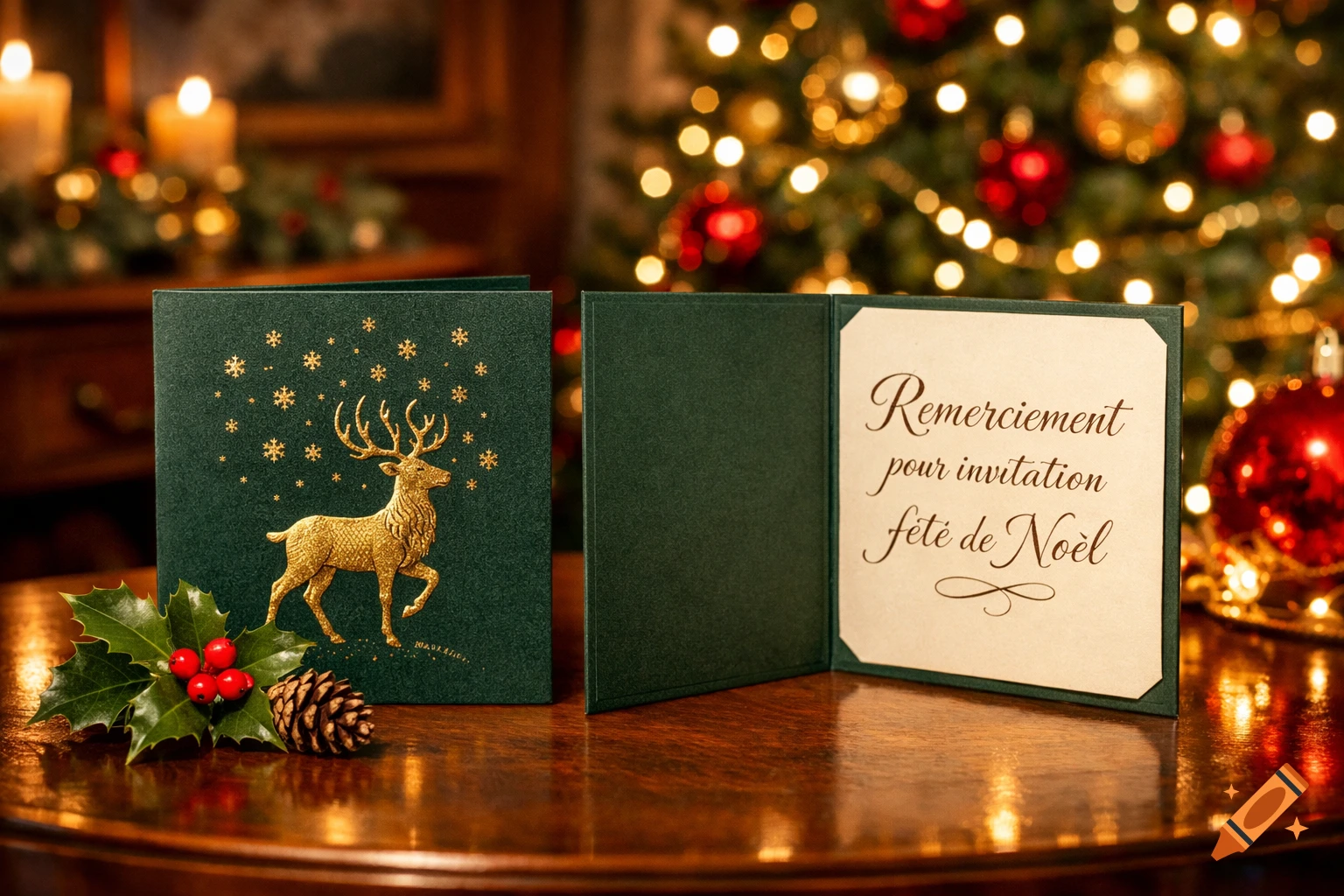 Photorealistic image of two green Christmas cards on a wooden table. One shows a golden reindeer and snowflakes, the other is open with French text. Holly and a pine cone are nearby, with a blurred Christmas tree in the background.