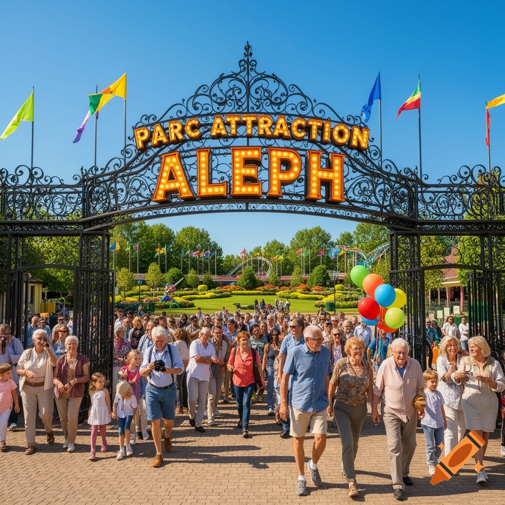 A large crowd of people enters the 'PARC ATTRACTION ALEPH' amusement park gate on a sunny day.