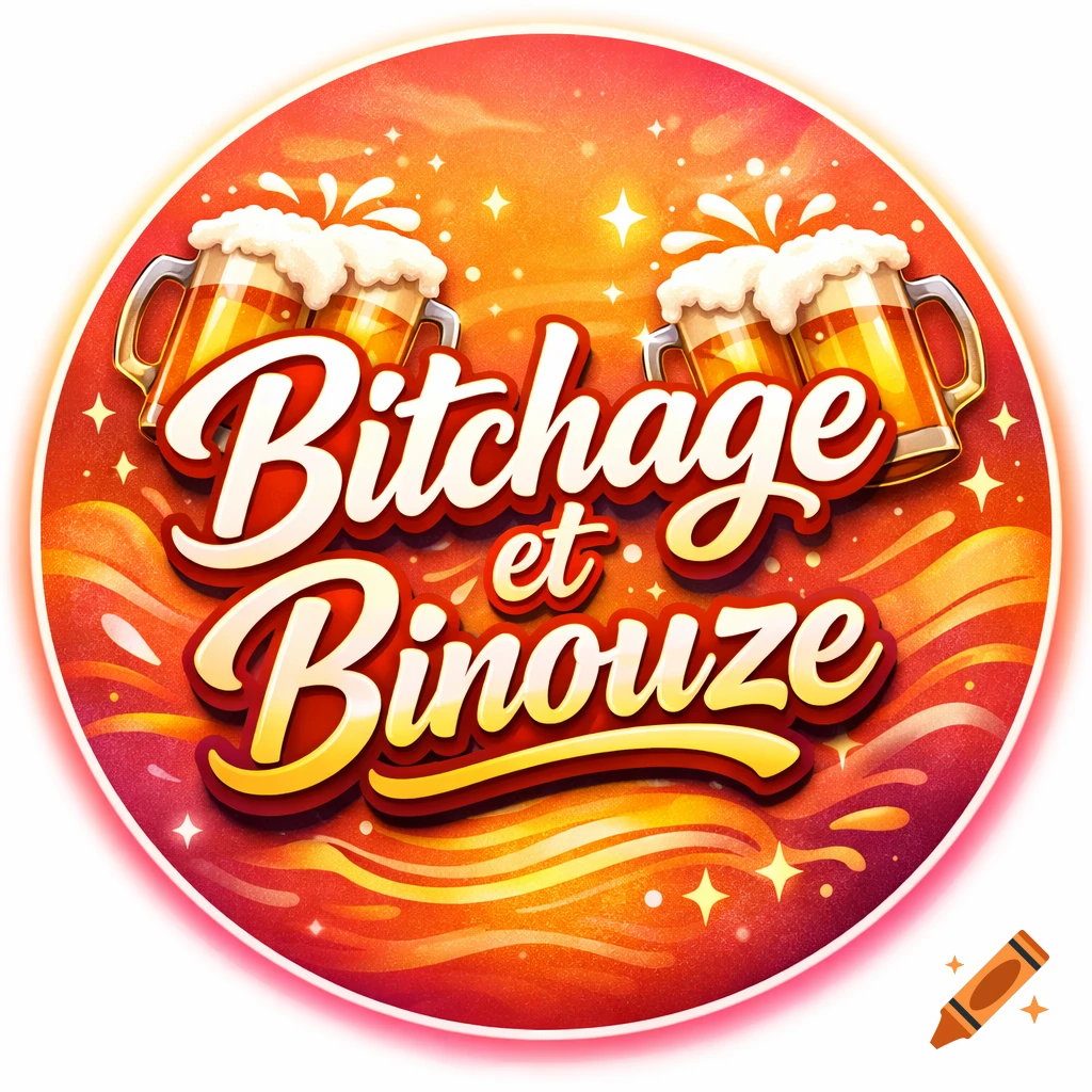 A vibrant, stylized round emblem with two frothy beer mugs and the text 'Bitchage et Binouze' in a bubbly, celebratory design.