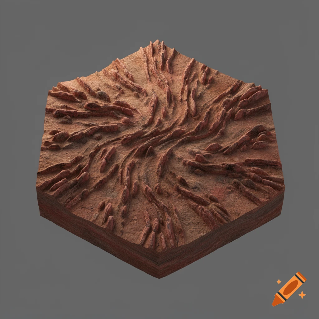 A hexagonal 3D model shows red-brown sediment layers with small, elongated ridges on a gray background.