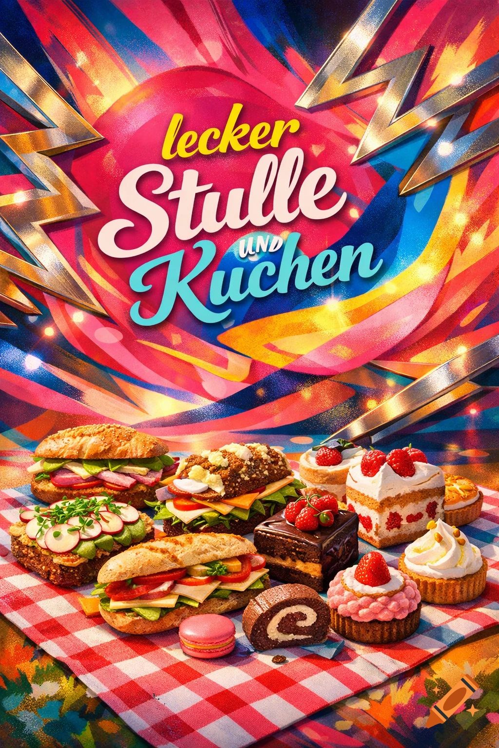 Vibrant invitation poster with 'lecker Stulle und Kuchen' text, featuring sandwiches, cakes, and desserts on a checkered tablecloth.