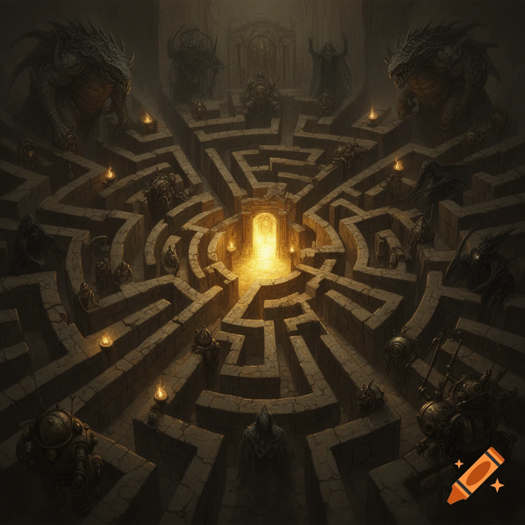 Aerial view of a dark, stone labyrinth with a glowing exit at its center, surrounded by fantasy monsters and flickering torches.