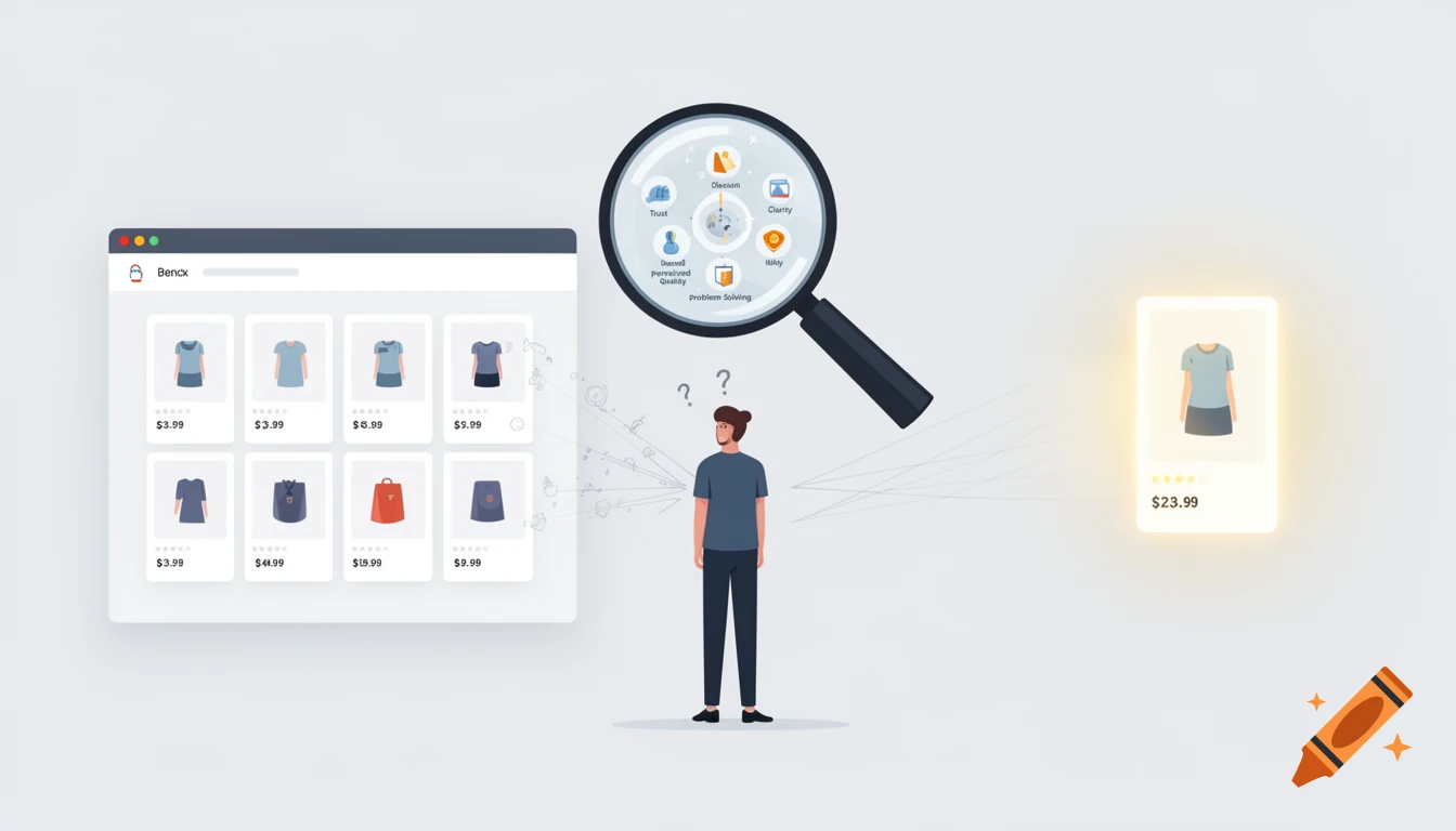 Digital illustration of a confused person looking at a marketplace grid of similar products, with a magnifying glass showing 'Trust' and 'Clarity' for one highlighted product.