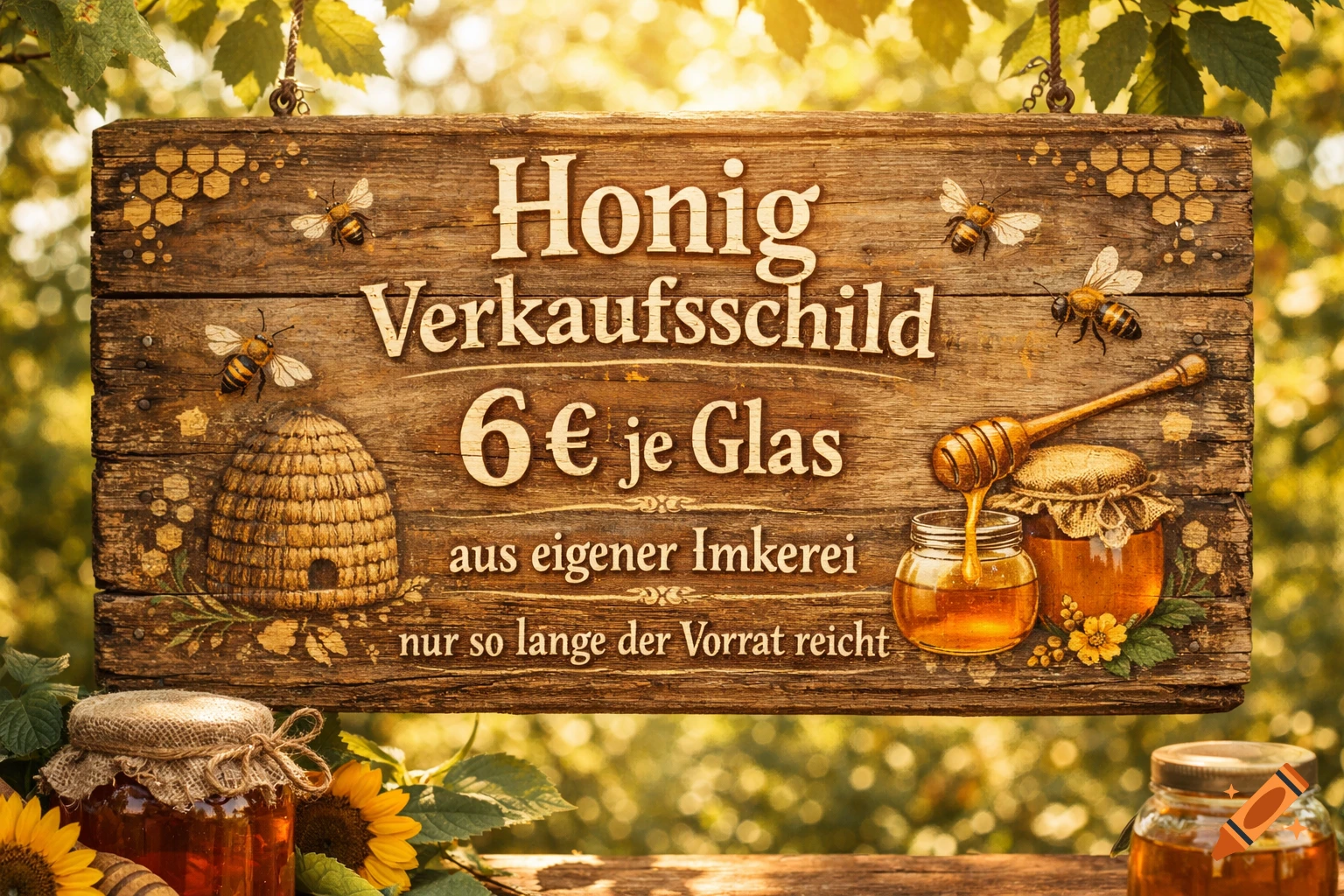 A rustic wooden sign for honey sales, with bees, a beehive, and jars of honey. Text says: "Honig Verkaufsschild, 6 "