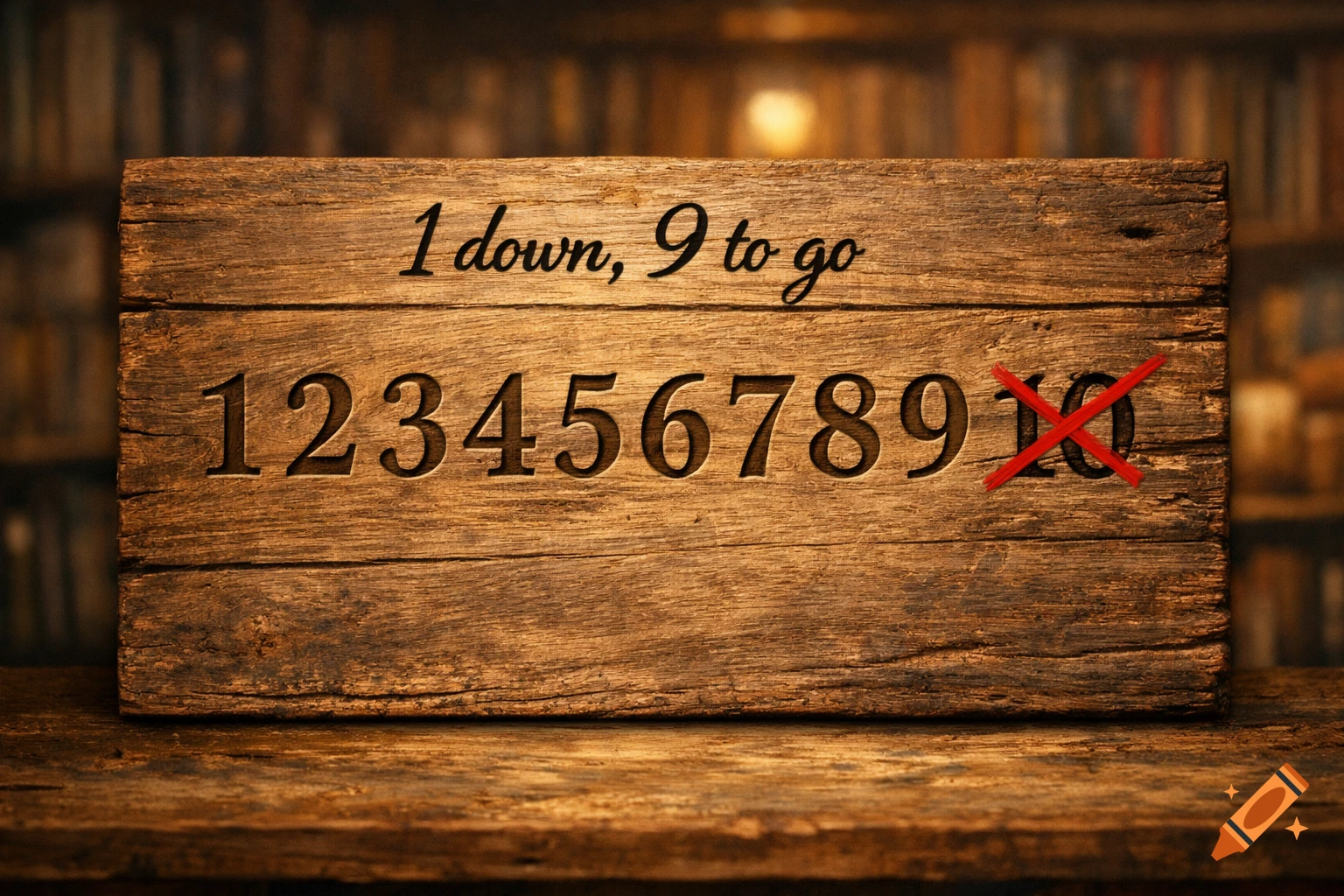 A rustic wooden sign displays "1 down, 9 to go" above engraved numbers 1-10, with the number 10 crossed out in red. A blurred bookshelf is in the background.