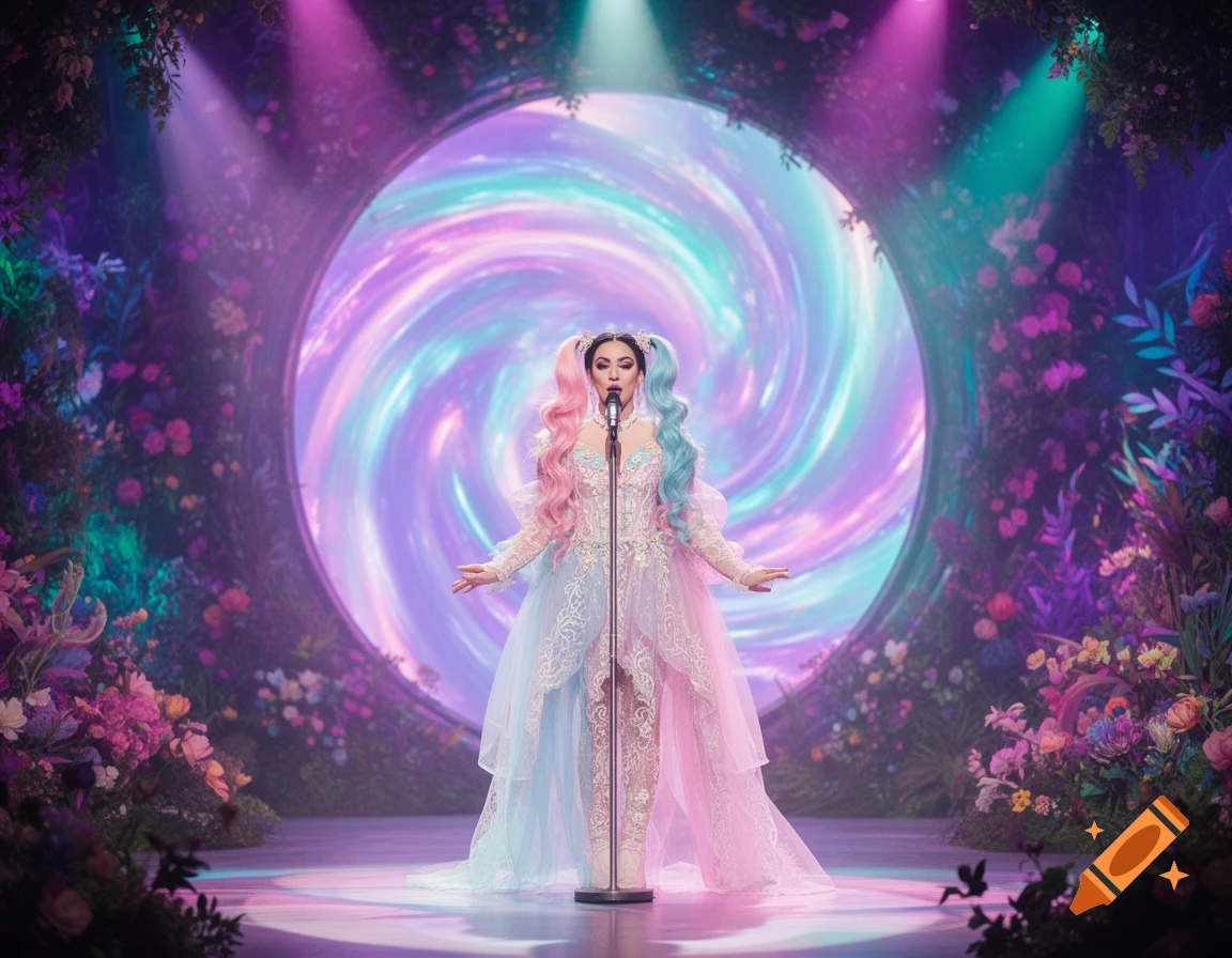 A singer with half pink, half blue hair performs on a stage in an elaborate pastel gown, in front of a glowing, swirling portal and fantasy flora.